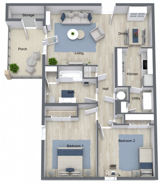 Floor plan for 2 beds, 1 bath, 917 sqft